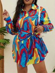 Women's Plus Print Long Sleeve Shirt Dress With Belt