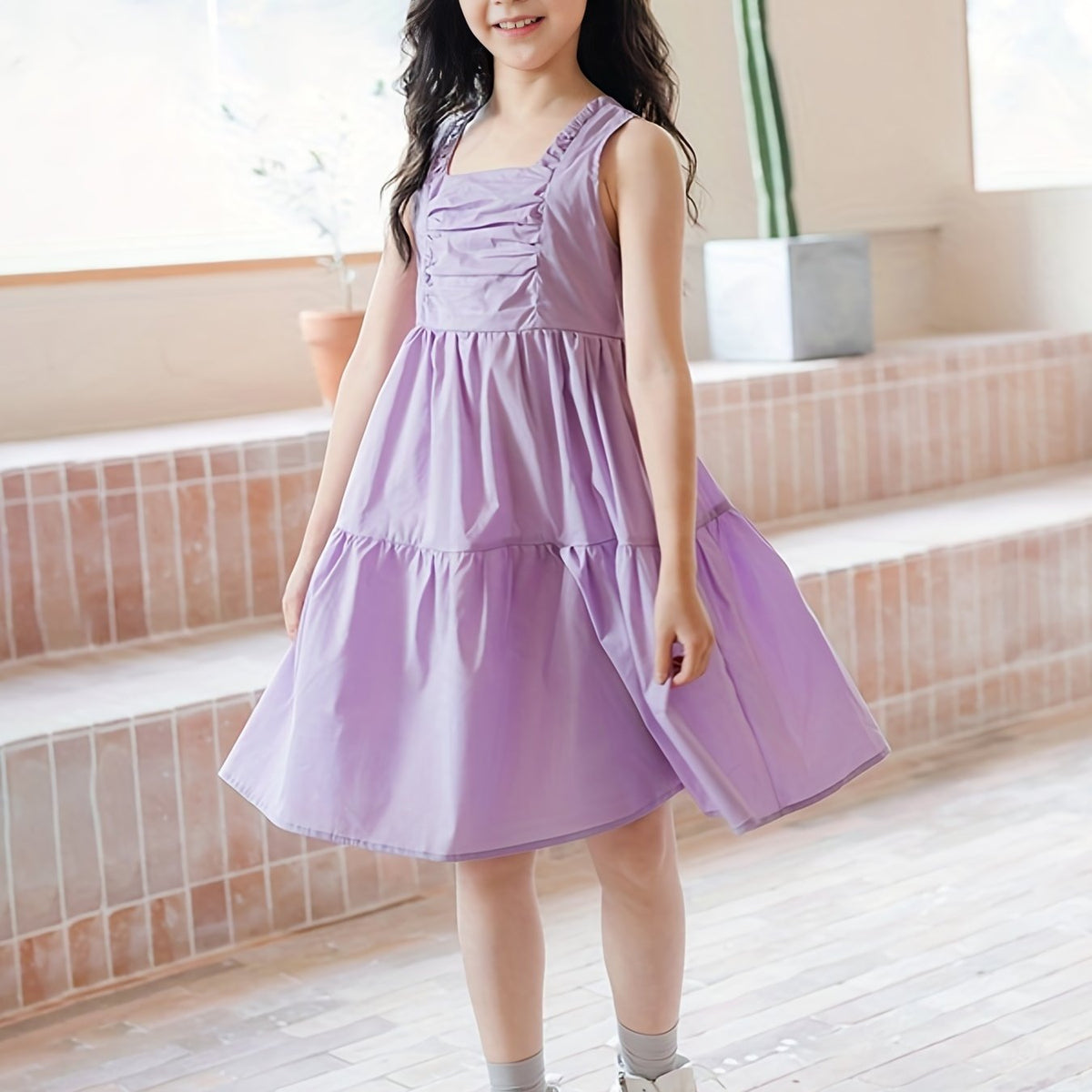Girl's Lavender Cotton Dress Halter Sleeveless Princess Style Skirt