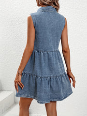  Denim Vest Dress Ruffle Trim Lapel Collar