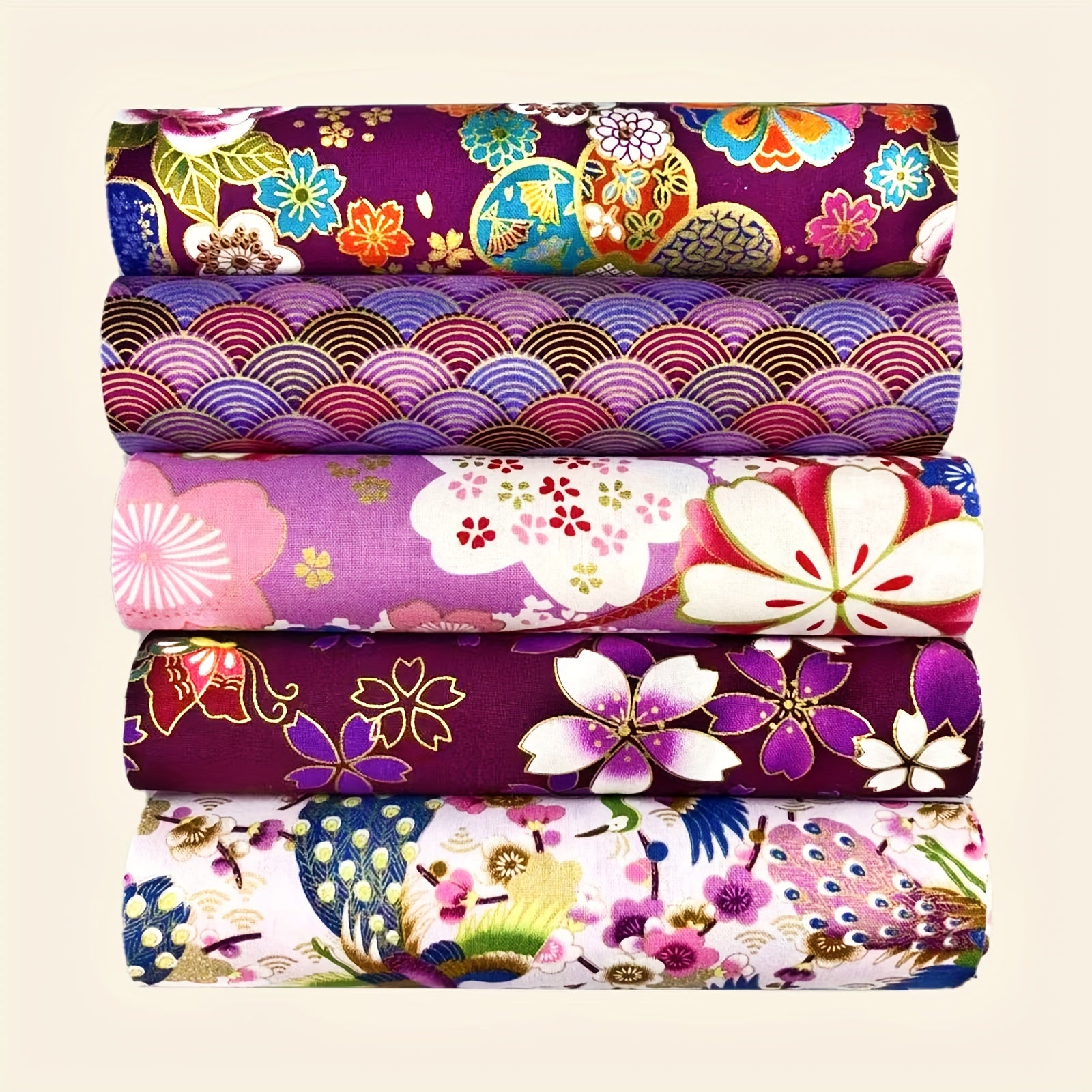 5pcs Purple Cotton Flower Printed Cheongsam Kimono Dress Fabric