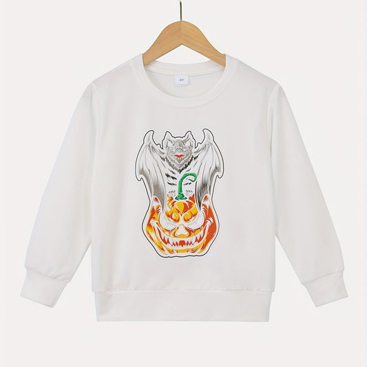 Boy's Halloween Bat & Pumpkin Print Sweatshirt for Outdoor