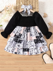 Ethnic Floral Tiered Patchwork Dress & Headscarf Set for Toddlers