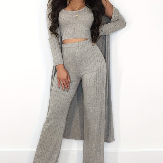  Ribbed Tank Top & Pants & Cardigan Set High Stretch Outfit