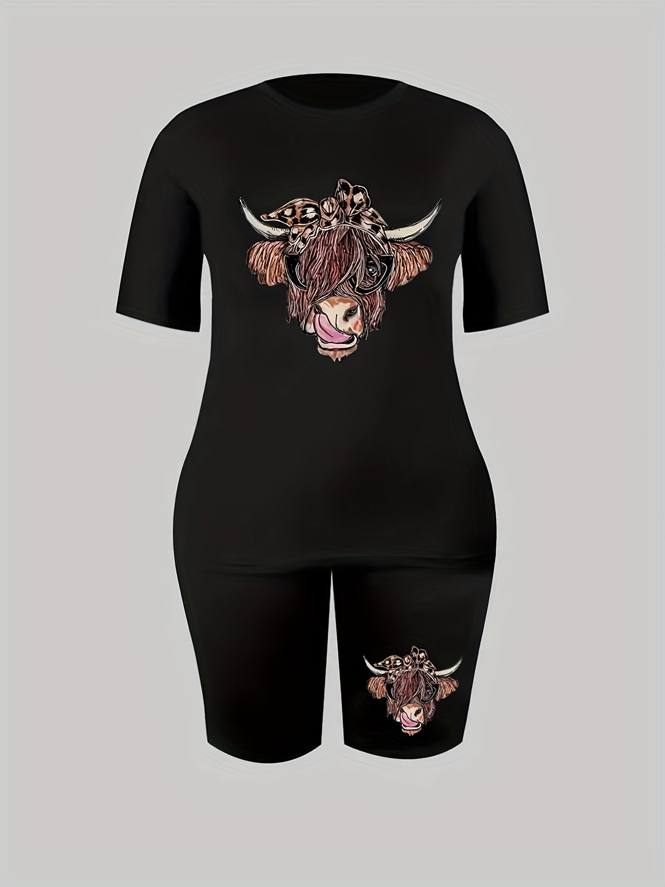 Women's Plus Leopard Cow Print Crew Neck Top & Shorts Set