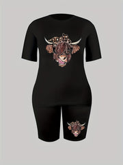 Women's Plus Leopard Cow Print Crew Neck Top & Shorts Set