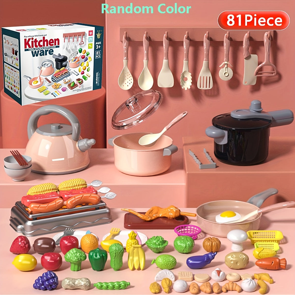 Kids Play Kitchen Cooking Utensils Set with Fruits and Food