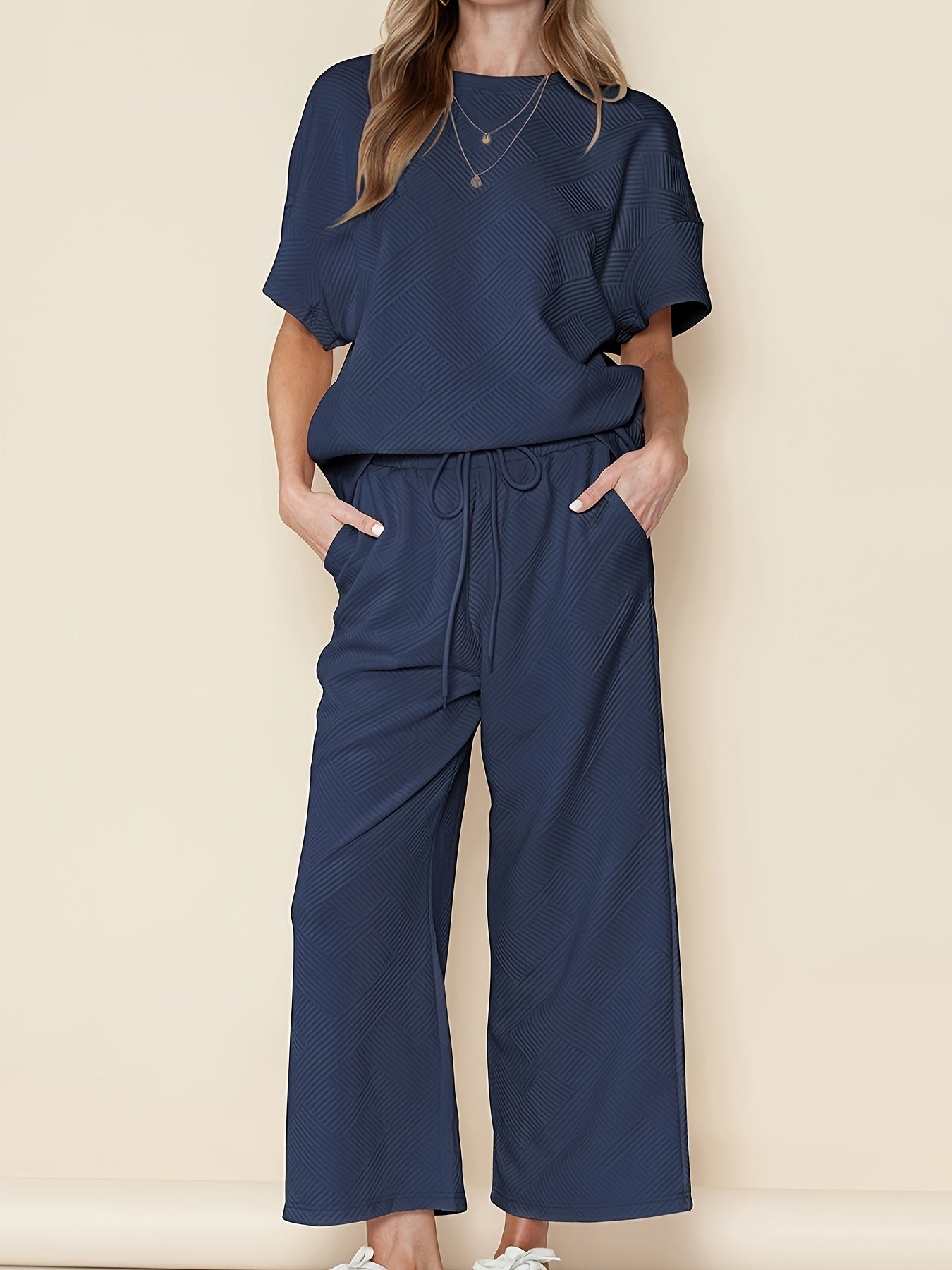 Solid Short Sleeve Round Neck Top & Wide Leg Pants Outfit Set