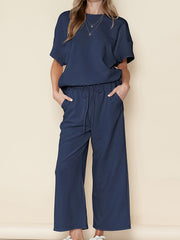  Solid Short Sleeve Round Neck Top & Wide Leg Pants Outfit Set
