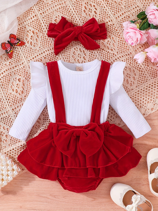 3pcs Baby Girls Tops & Suspender Skirt Onesie & Headband Set