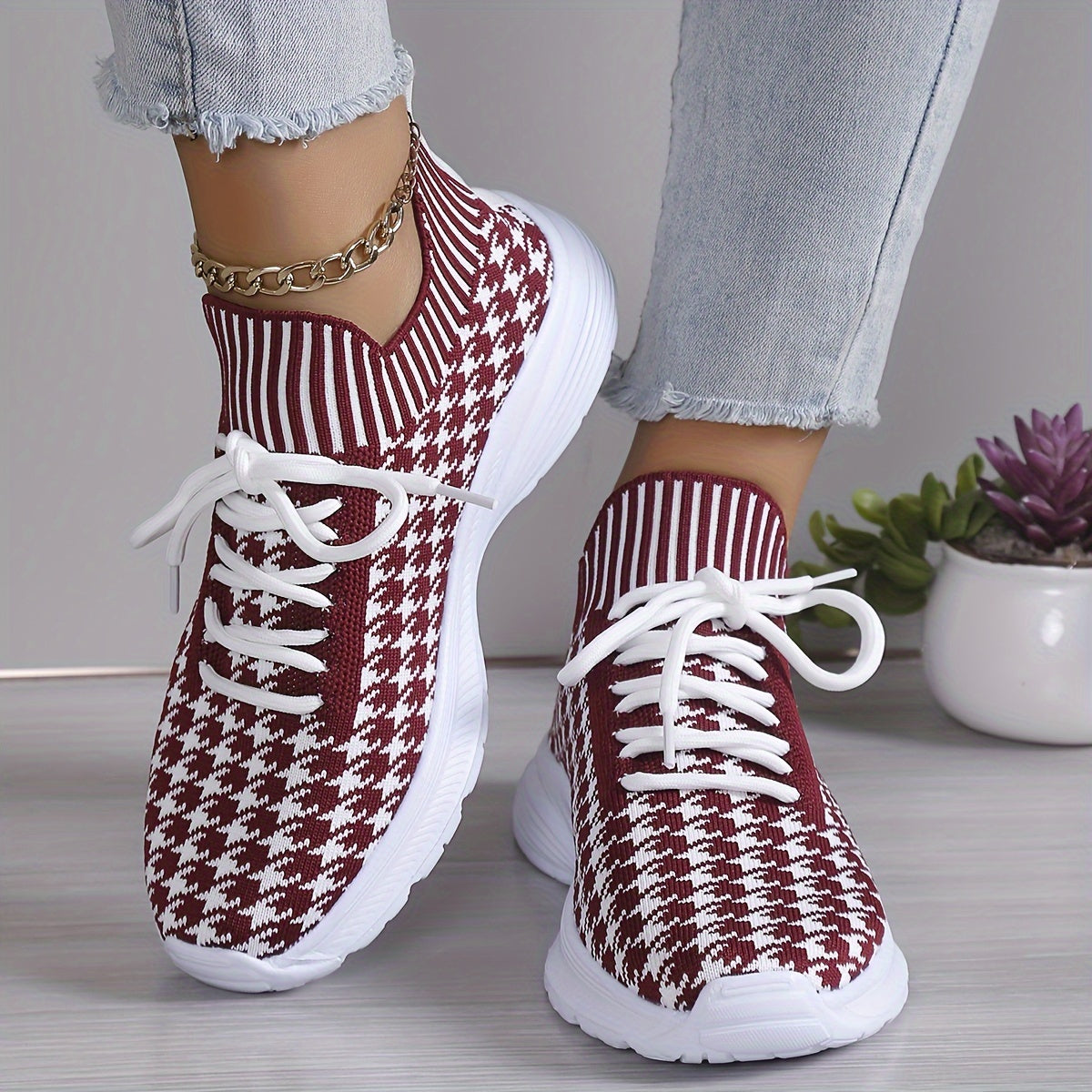 Women's Houndstooth Lace-up Sneakers Lightweight Sports Outdoor Shoes