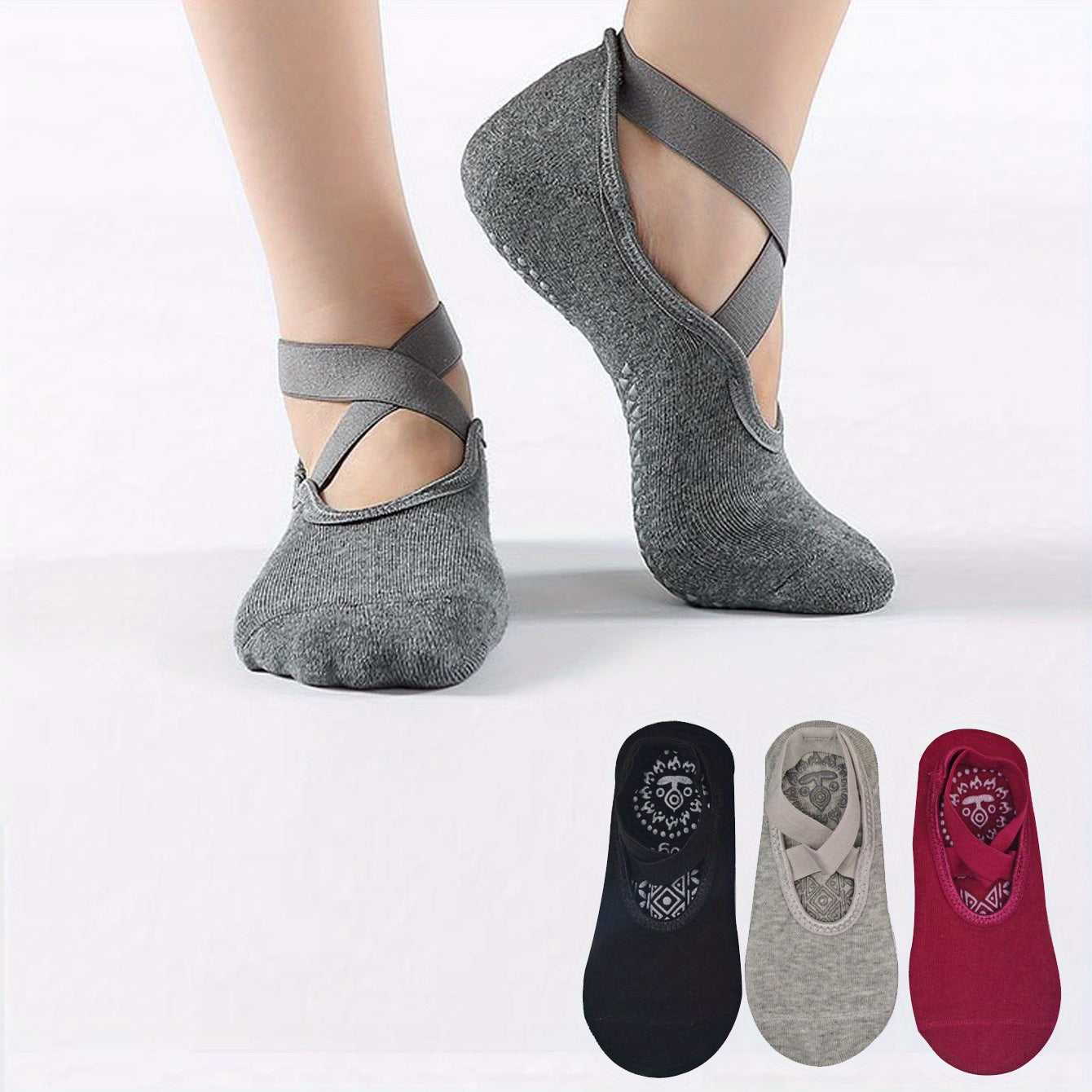 3 Pairs Yoga Socks Non Slip with Cross Strap & Grip for Balance & Stability