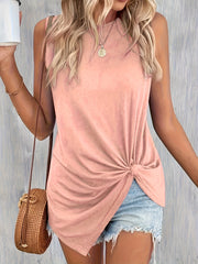  Solid Twist Front Round Neck Tank Top