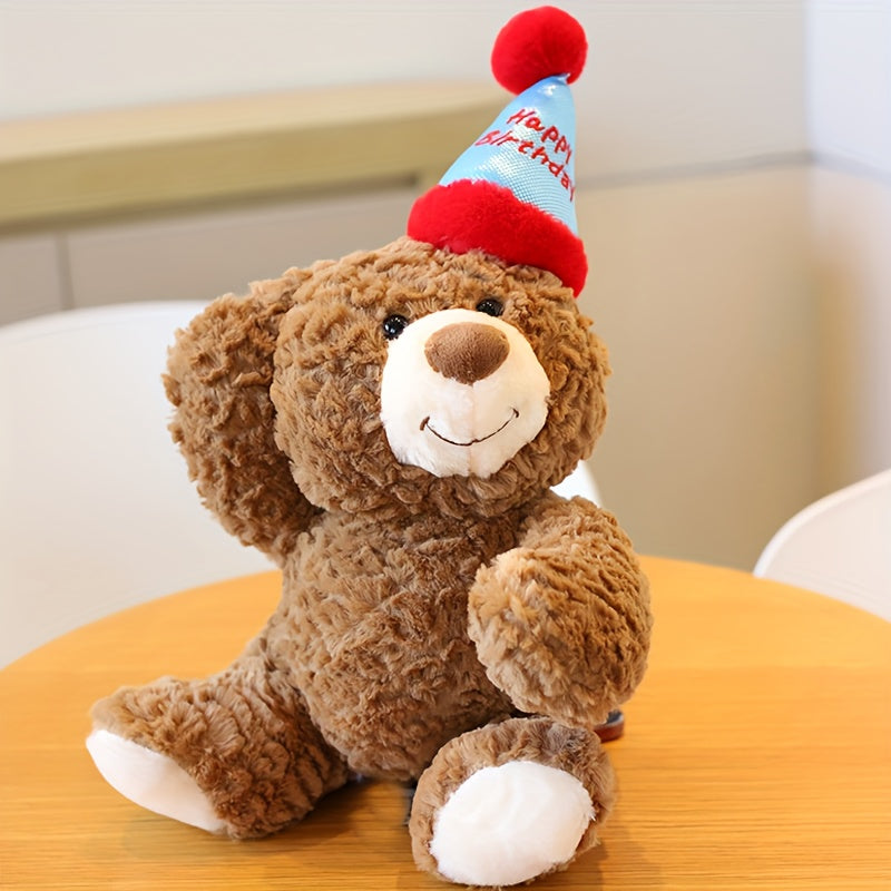 Plush Teddy Bear with Red Ears & Birthday Hat Brown & Tan Stuffed Animal Toy