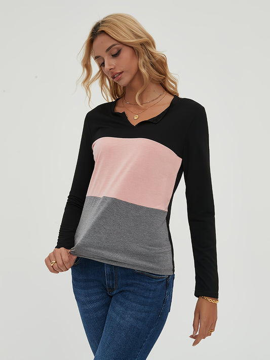 Block Long Sleeve V Neck Pullover Tops Women's Tops