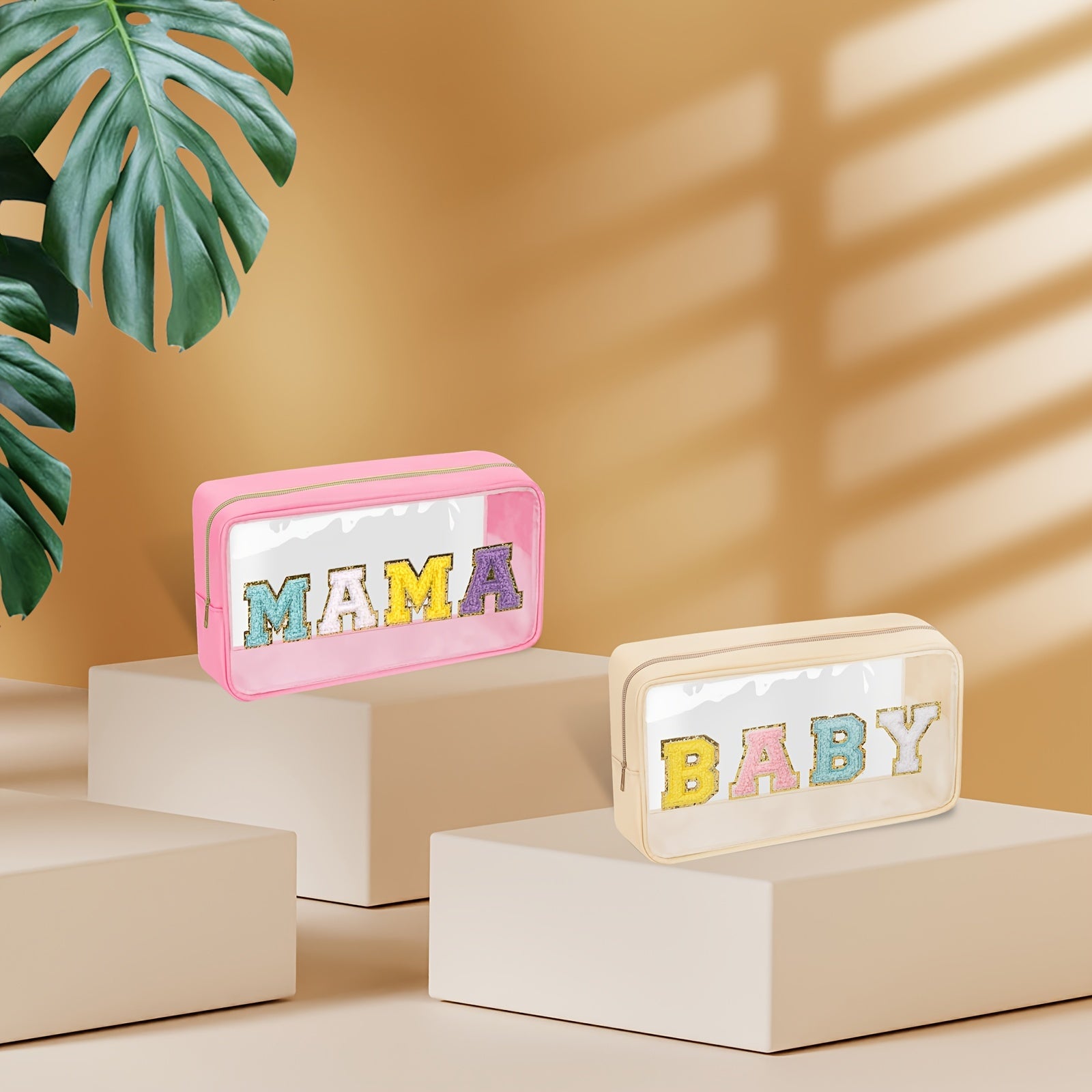 2 Pcs Clear Chenille Letter Patch Makeup Bags with Zipper