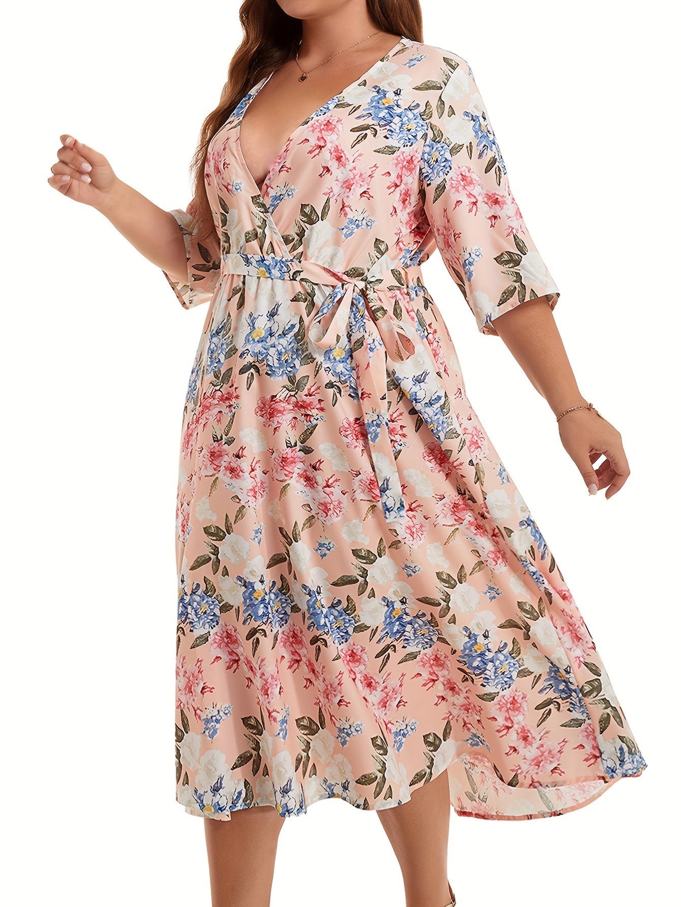 Women's Plus Floral Print Half Sleeve Midi Dress