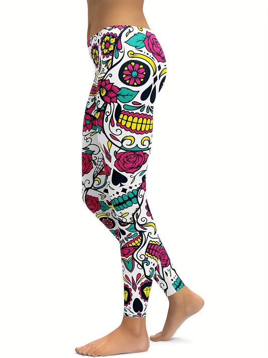 Flower & Halloween Skull Print Yoga Pants High Stretch Leggings for Women
