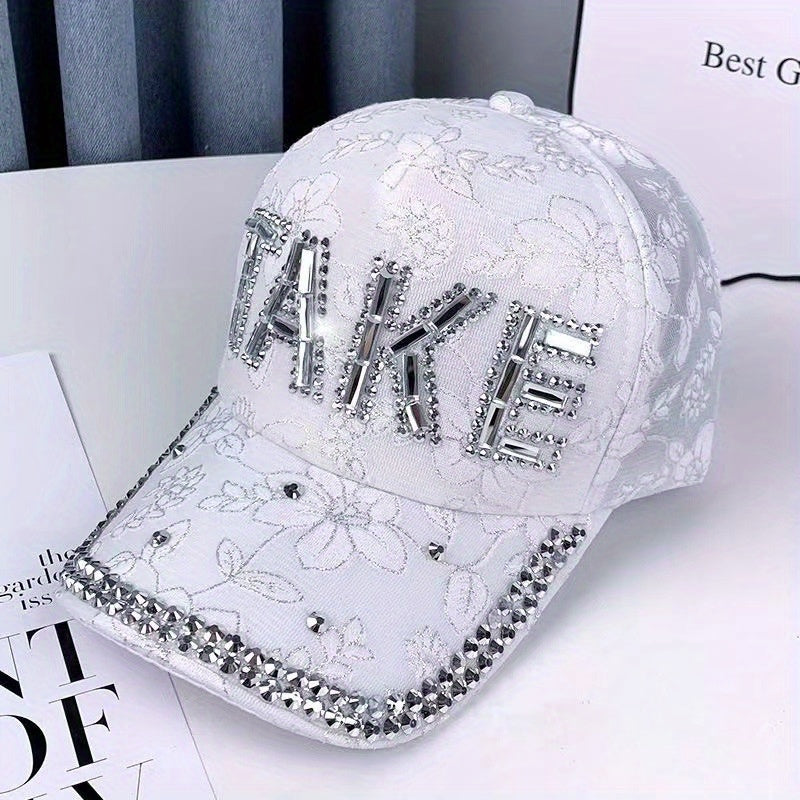 Rhinestone TAKE Patch Baseball Cap Lace Flower Embroidery Y2K Dad Hat For Women