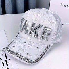 Rhinestone TAKE Patch Baseball Cap Lace Flower Embroidery Y2K Dad Hat For Women