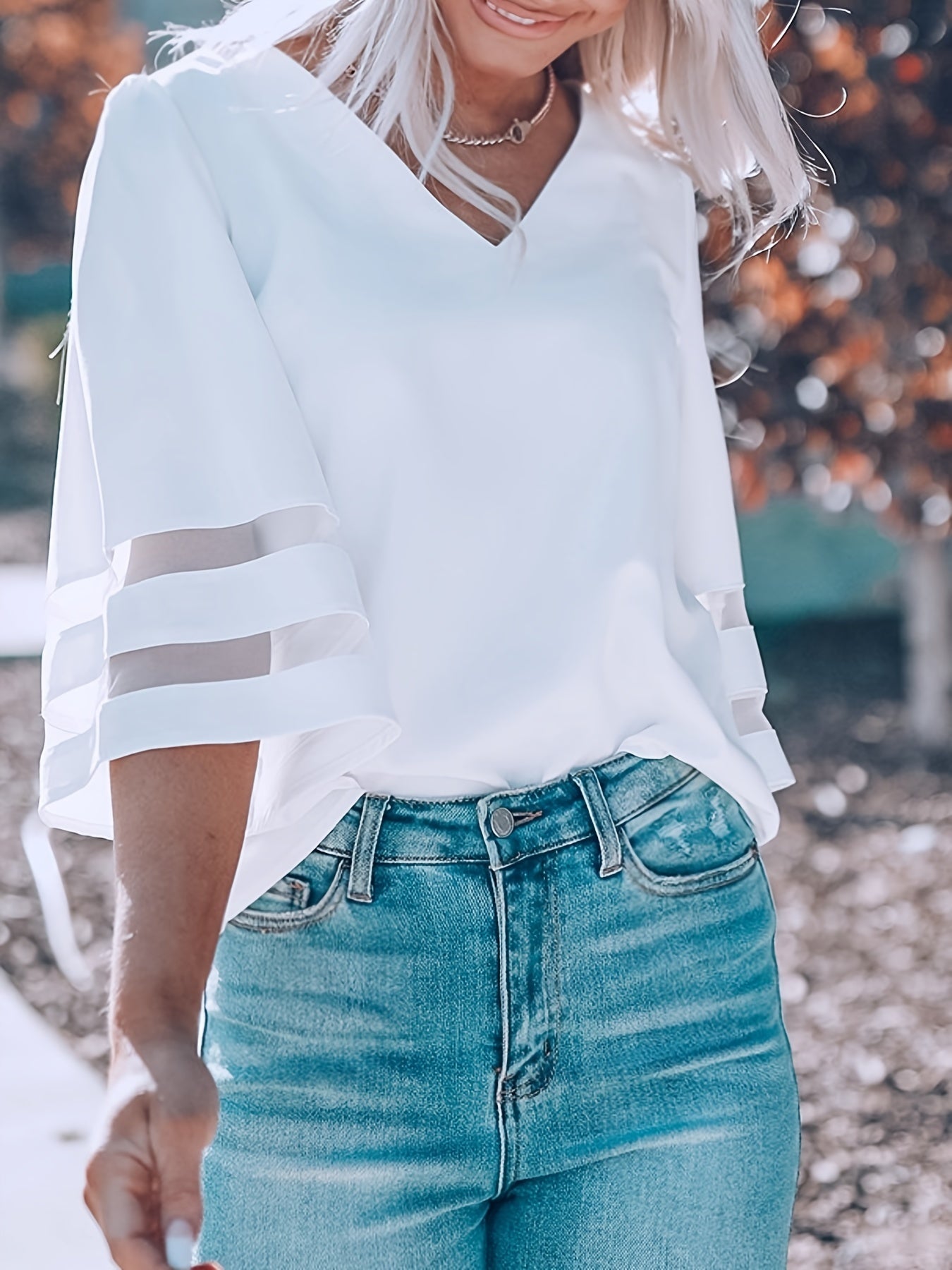  Bell Sleeve Mesh V Neck Tee