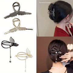 4pcs Rhinestone Shark Claw Fishtail Hair Clip with Pearl Pendant