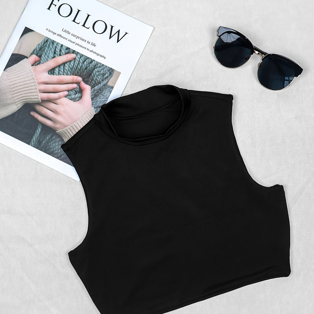 Solid Turtle Neck Crop Tank Top Sleeveless Stretchy Top