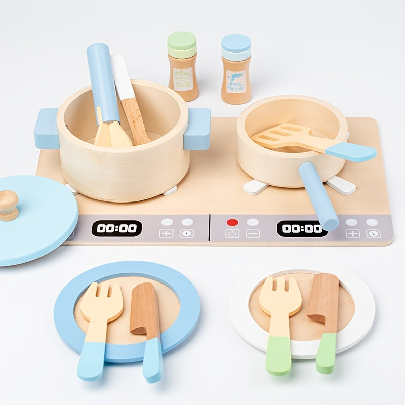 Wooden Play Kitchen Set with Plates & Utensils Kids' Cooking Toy