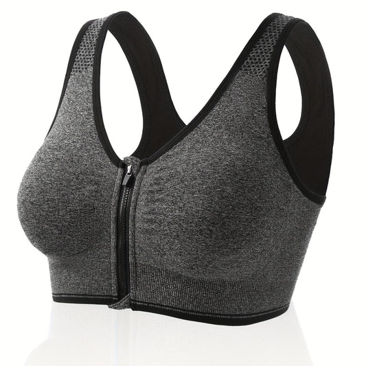 Plus Size Zipper Front Racer Back Sports Bra Wireless Running Gym Bra