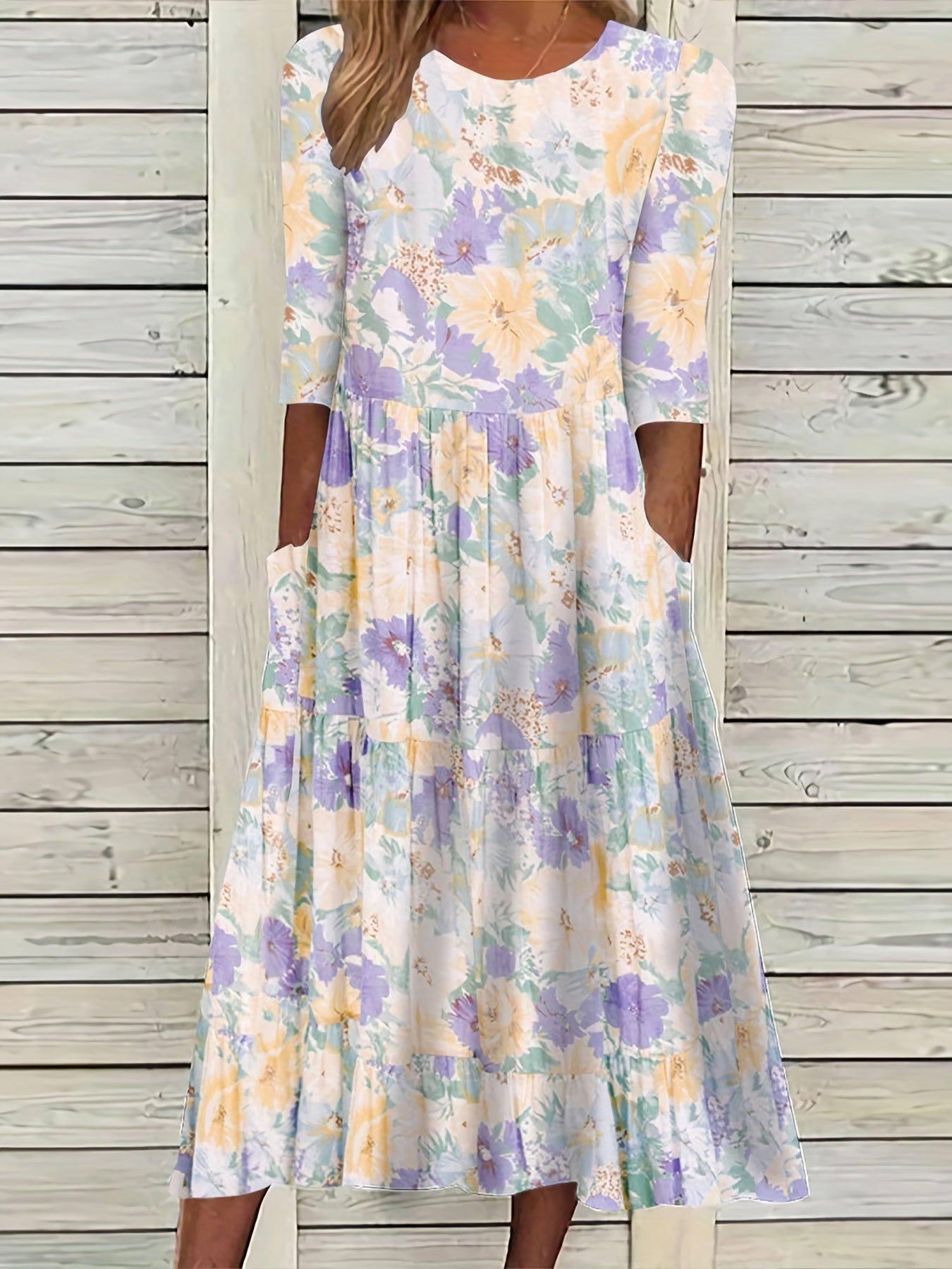 Floral Print Short Sleeve Round Neck Smock Dress With Pockets