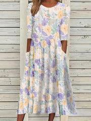Floral Print Short Sleeve Round Neck Smock Dress With Pockets