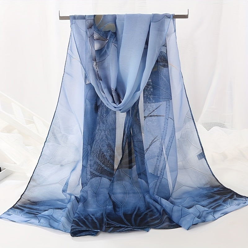 Vintage Lotus Print Chiffon Scarf Hijab Classic Gradient Shawl