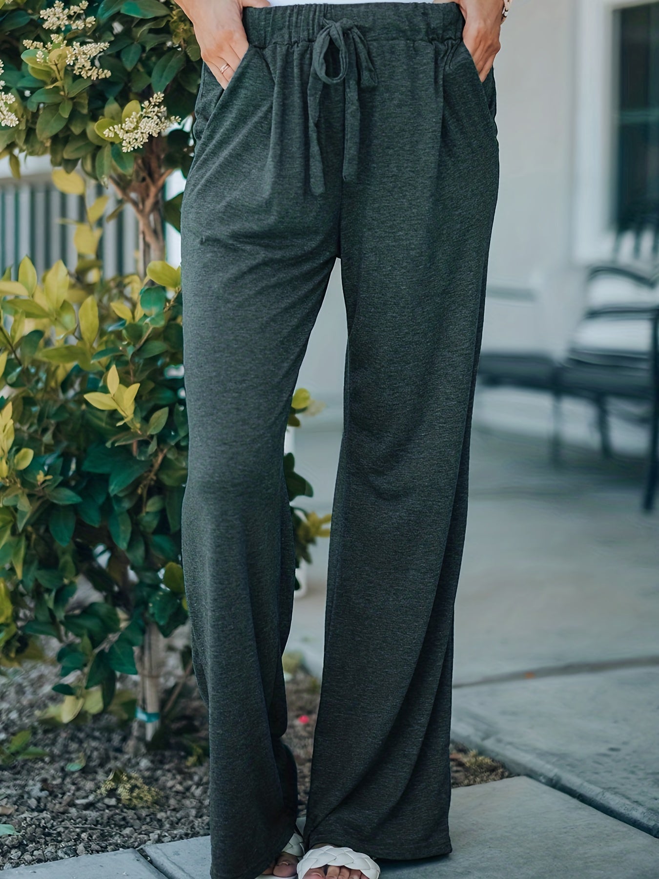 Solid Elastic Drawstring High Rise Straight Leg Pants