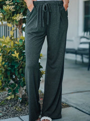 Solid Elastic Drawstring High Rise Straight Leg Pants