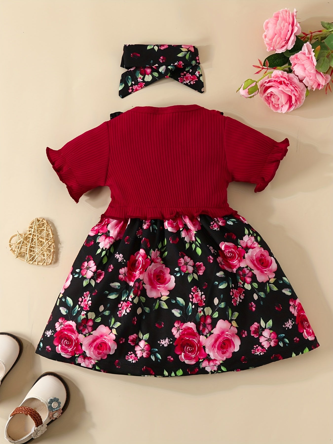 2pc Baby Girls Floral Print Dress & Headband Set Clothes