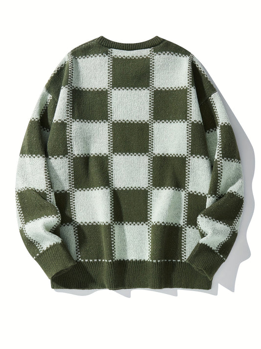 Men's Checkerboard Knitted Sweater for Fall and Winter