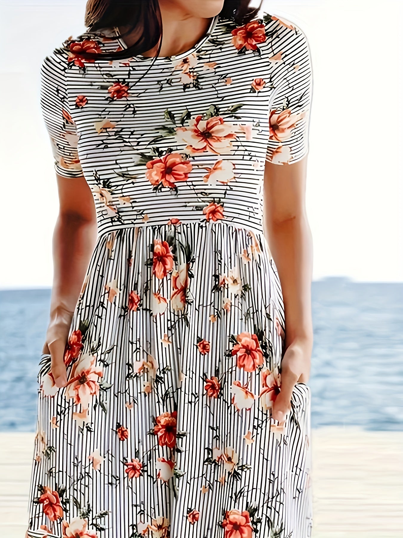 Women's Plus Stripe & Floral Print Maxi Dress