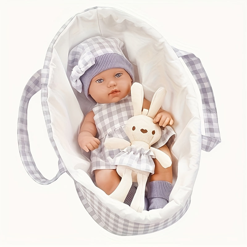 Plaid Sleeping Basket & Doll Set with Carry Crib