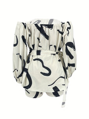 Geometric Print Front Tie Two Pieces Set Off Shoulder Tie Waist Blouse & Shorts