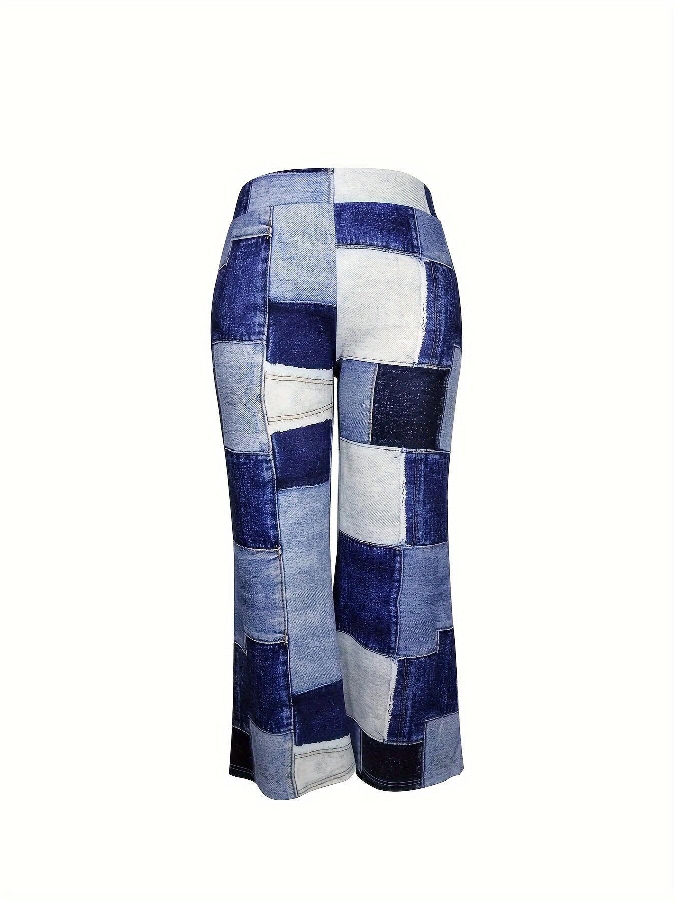  Colorblock Denim Print Flared Leg Trousers