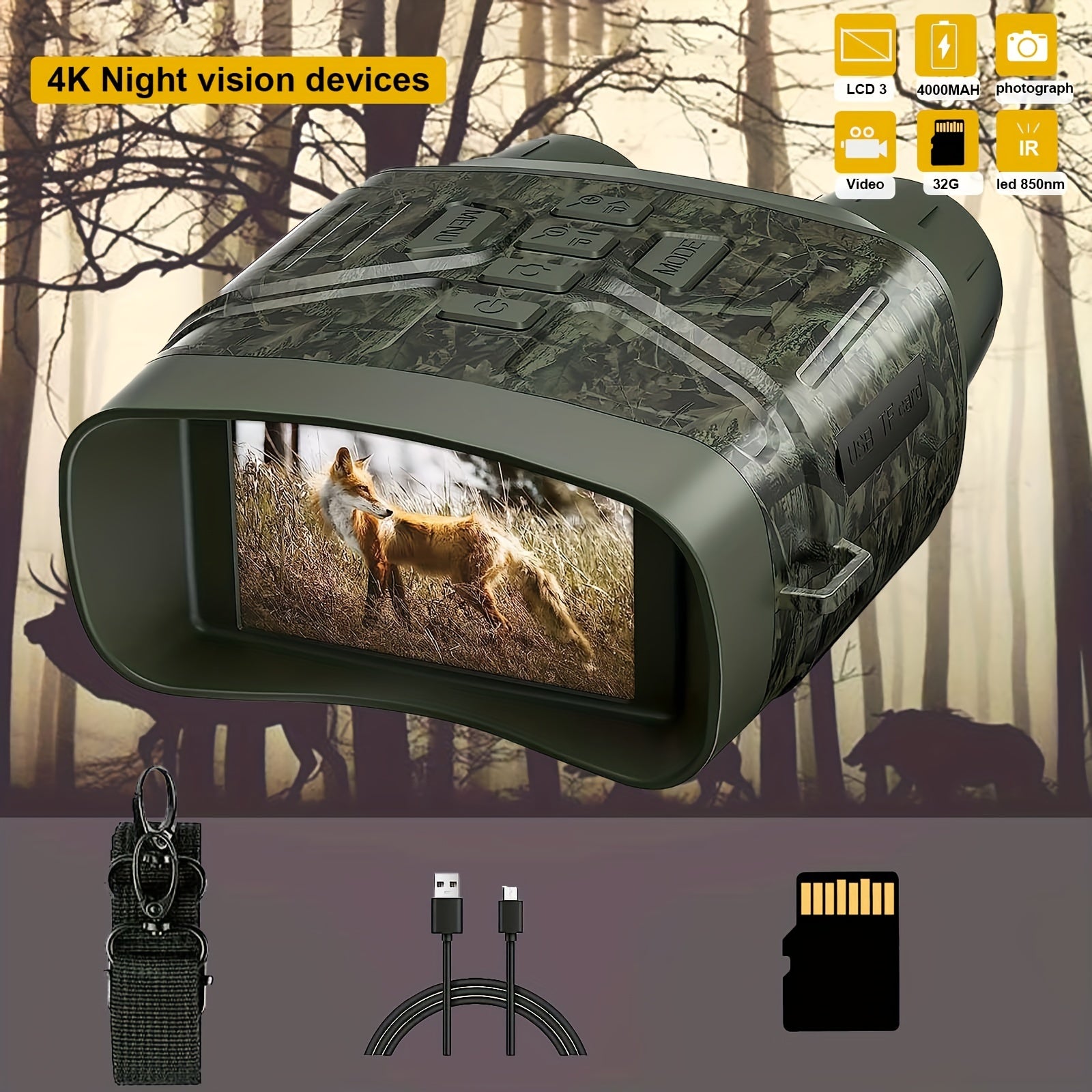 Night Vision Binoculars Large Screen 32GB Memory Card & Lithium Battery