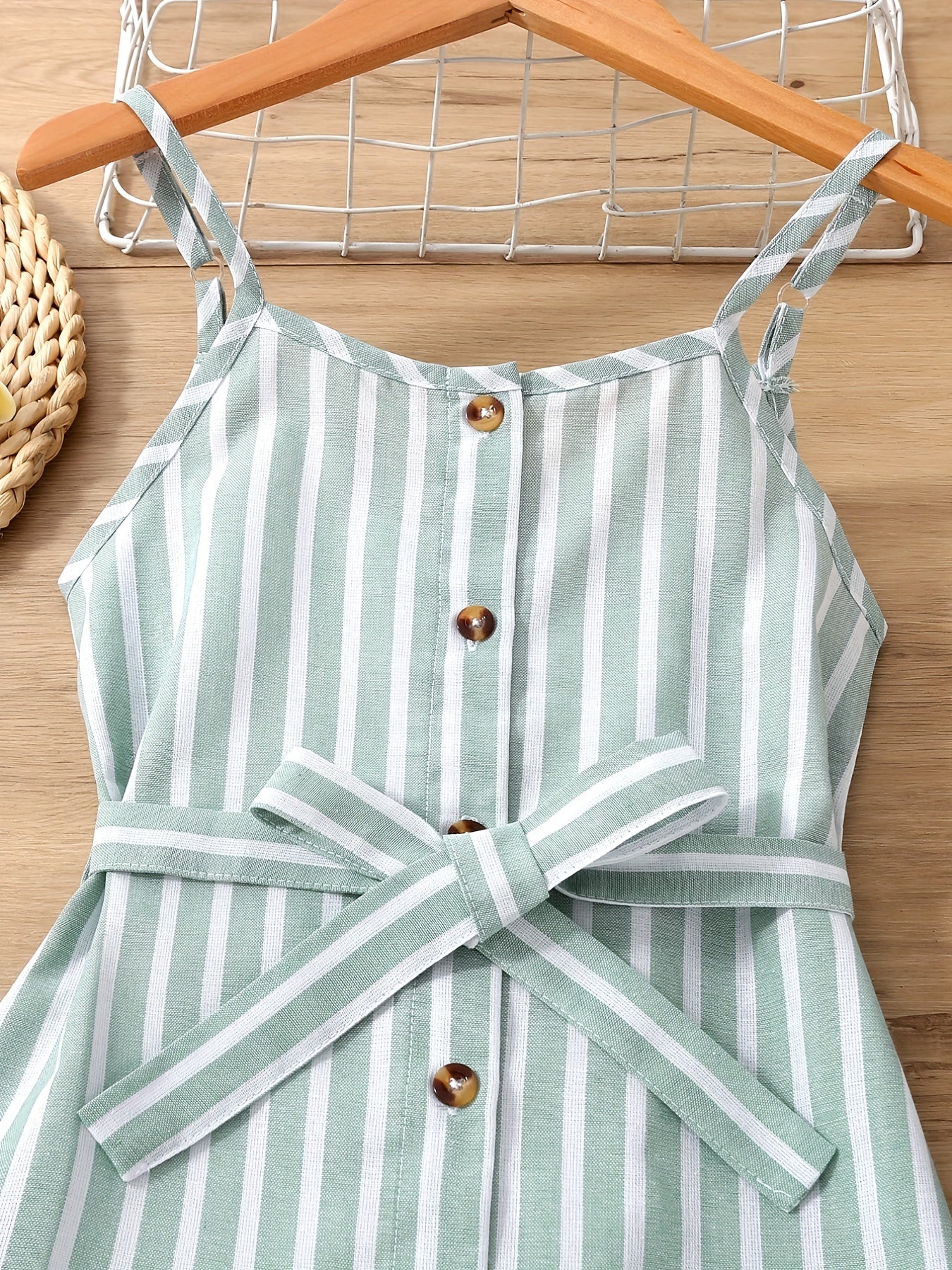 Girls Striped Button Front Belt Dress Casual Vacation Kids Clothes