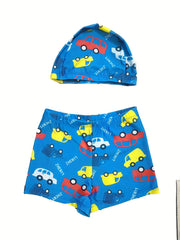 2pcs Boys Shark Print Swim Trunks & Cap Swimsuit Summer Clothes