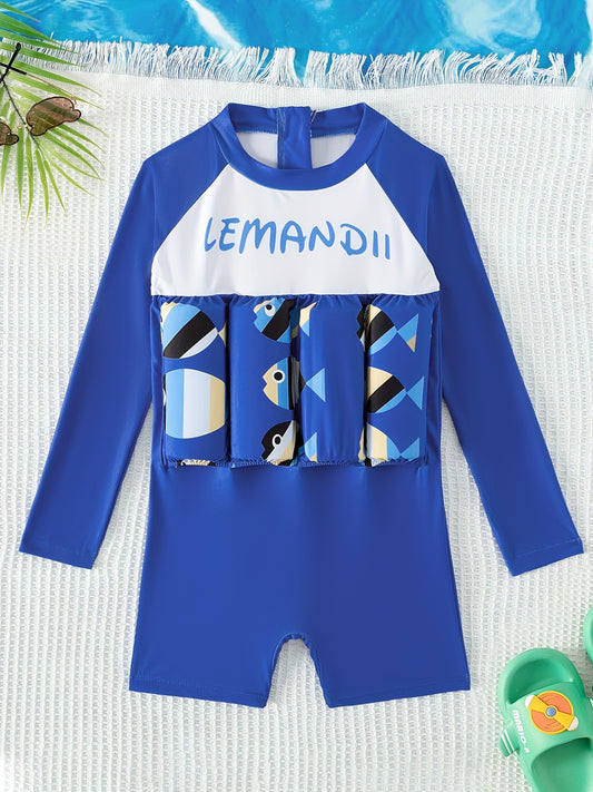 Boys Fish Pattern One Piece Swimsuit Long Sleeve Bathing Suit