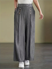  Solid Wide Leg Trousers Elastic High Rise with Pockets