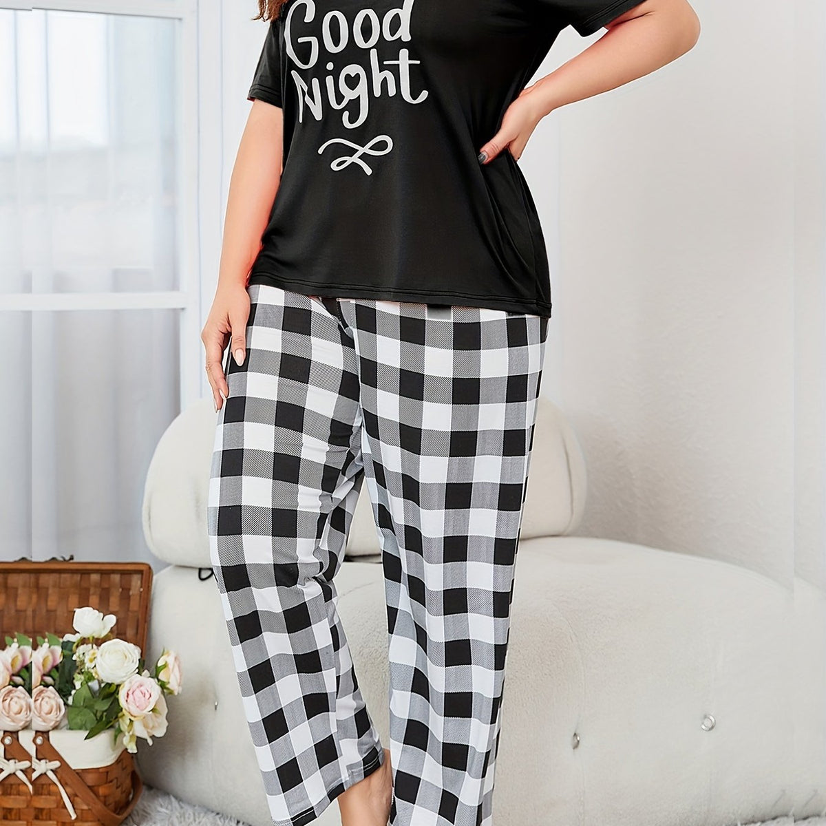 Letter Print Pajamas Set Short Sleeve Top & Plaid Pants