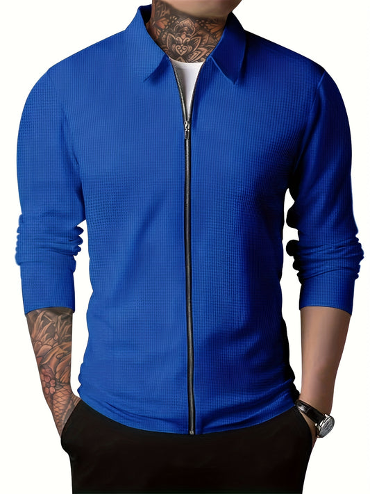 Men's Full Zip Up Waffle Pattern Jacket Lapel Coat Spring Fall