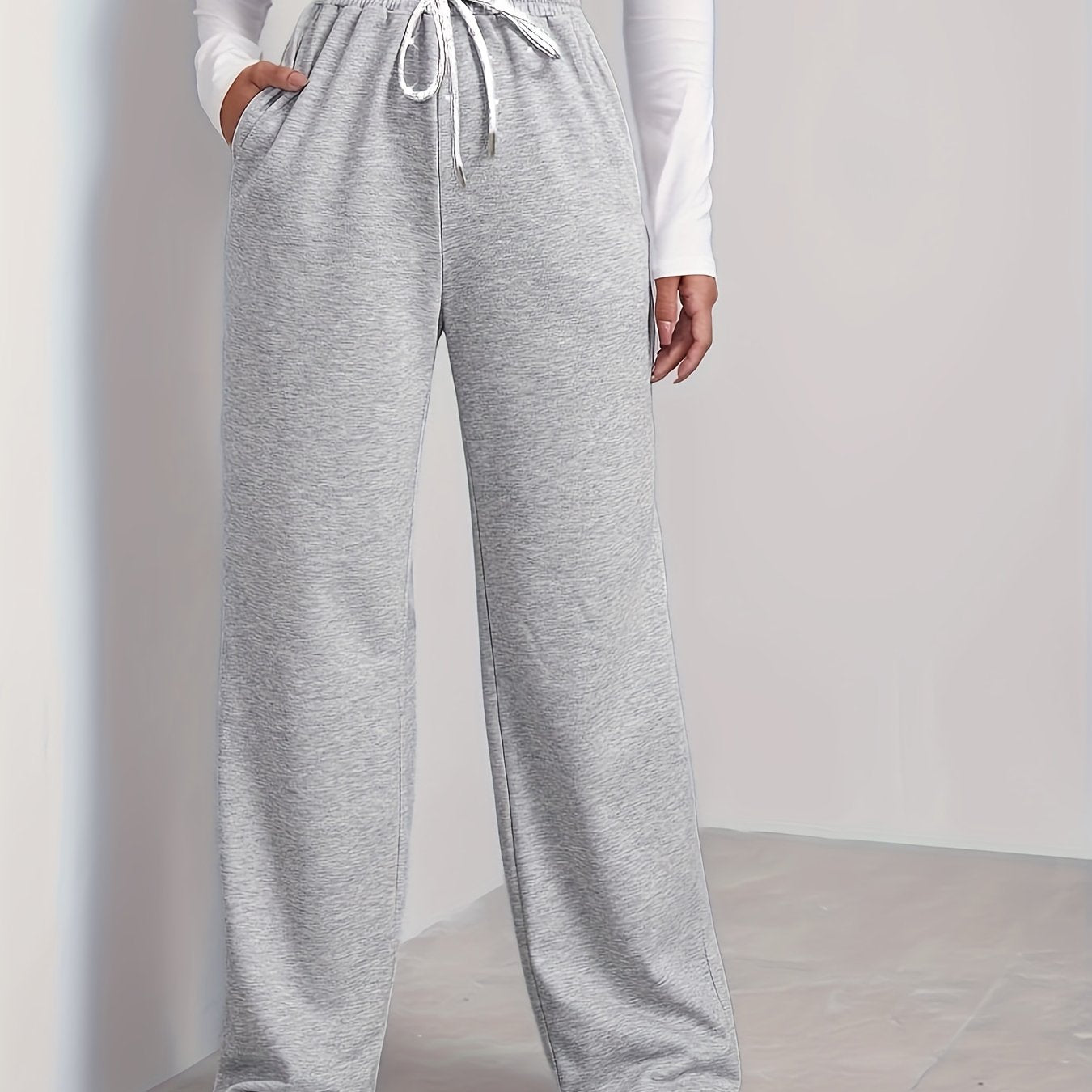  Sporty Pants Women's Plus Solid High Rise Wide Leg Trousers
