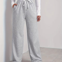  Sporty Pants Women's Plus Solid High Rise Wide Leg Trousers