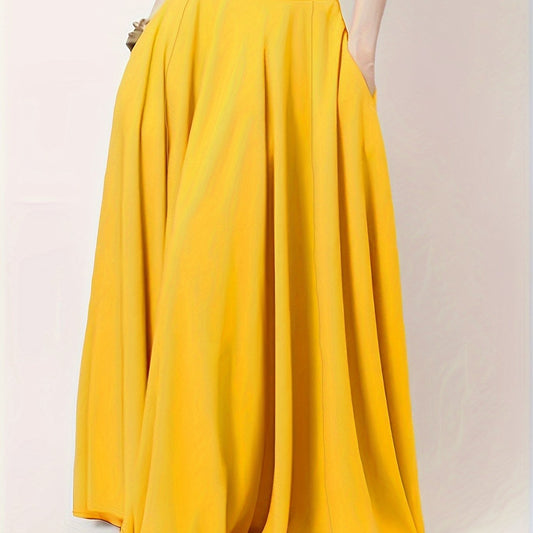  Solid Elastic High Rise Maxi Skirt With Pockets