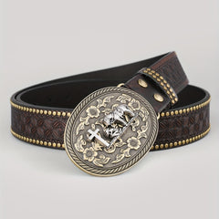 Dark Brown Men's Vintage Western Cowboy PU Leather Belt
